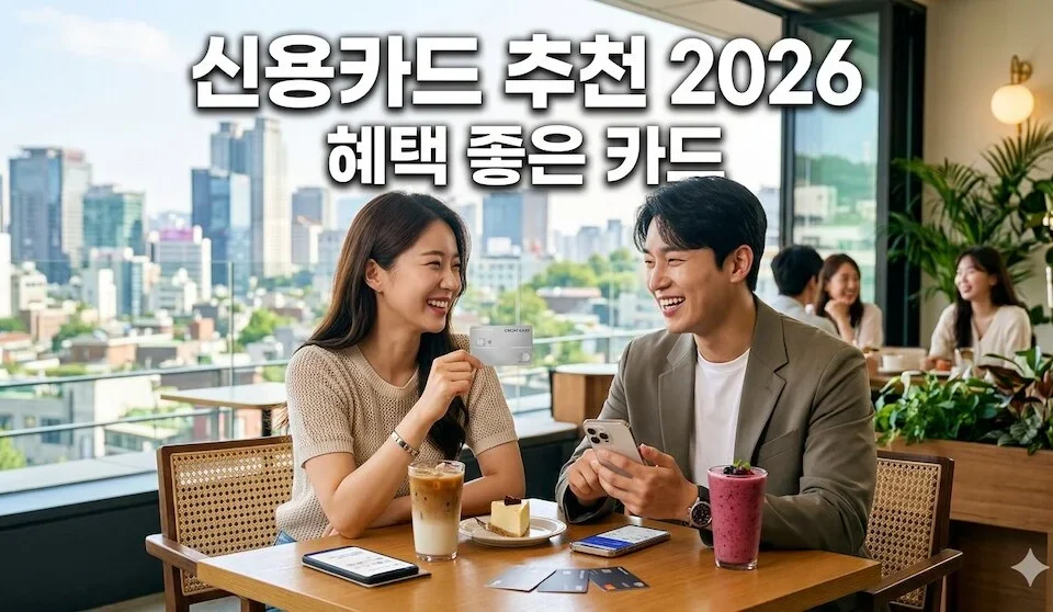 세련된 루프탑 카페에서 웃으며 신용카드를 들고 있는 젊은 남녀의 모습과 '신용카드 추천 2026 혜택 좋은 카드'라는 한글 문구가 포함된 이미지