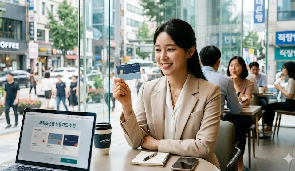 밝은 표정의 사회초년생 여성이 카페에서 노트북으로 신용카드 추천 정보를 검색하며 세련된 디자인의 카드를 들고 있는 모습