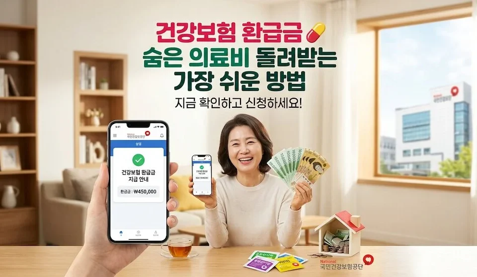 중년 여성이 거실에서 스마트폰의 건강보험 환급금 확인 화면을 보여주며 기뻐하고 있는 모습