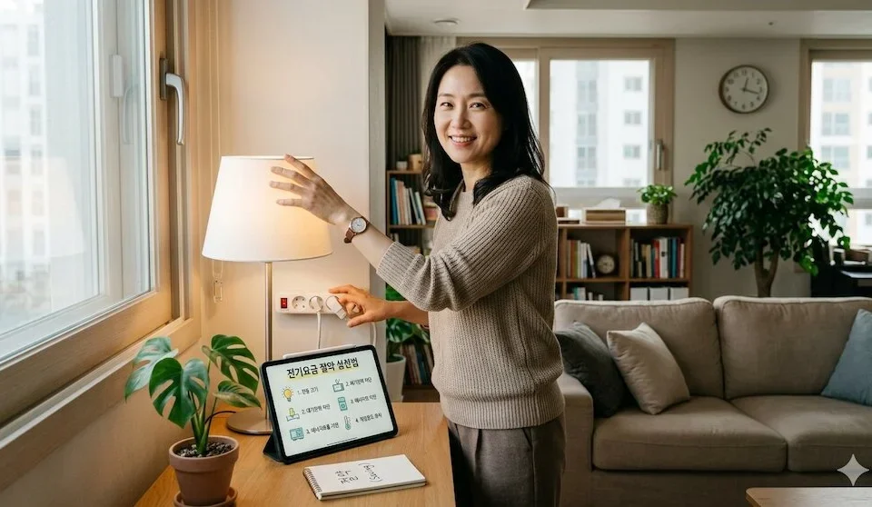 거실에서 태블릿 PC로 전기요금 절약 실천법을 확인하며 스탠드 조명을 조절하고 있는 여성