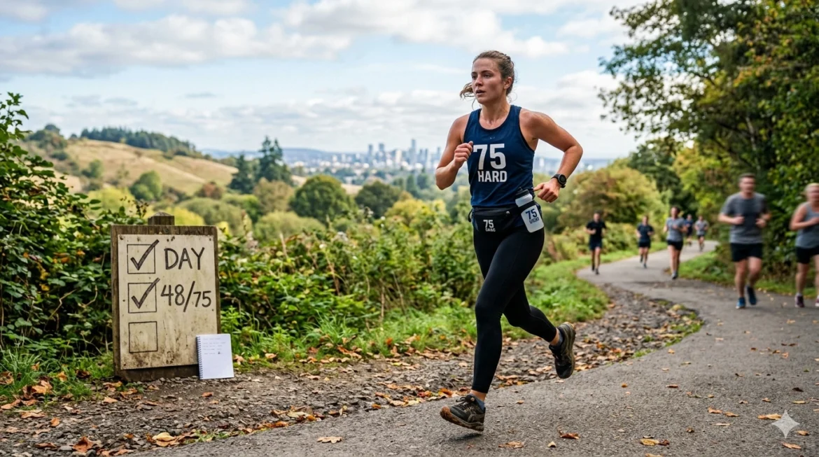A woman runner determinedly jogging on an outdoor trail during the 75 Hard Challenge, with a progress checklist sign showing Day 48 of 75 in the foreground.