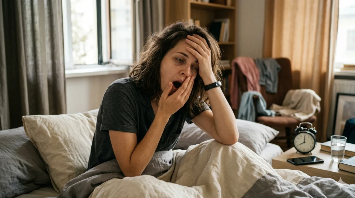 A tired woman yawning and holding her forehead in bed, looking exhausted even after 8 hours of sleep with an alarm clock in the background.