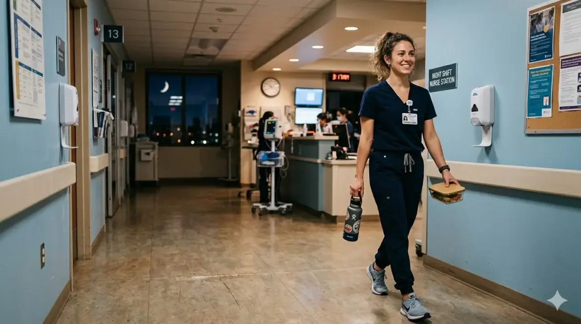A smiling female nurse walking down a hospital hallway during a night shift, holding a reusable water bottle and a healthy meal prep container.