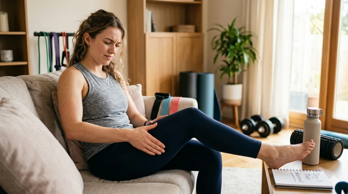 A person sitting on a gym floor, holding their sore leg muscles in pain after a workout, illustrating delayed onset muscle soreness (DOMS).