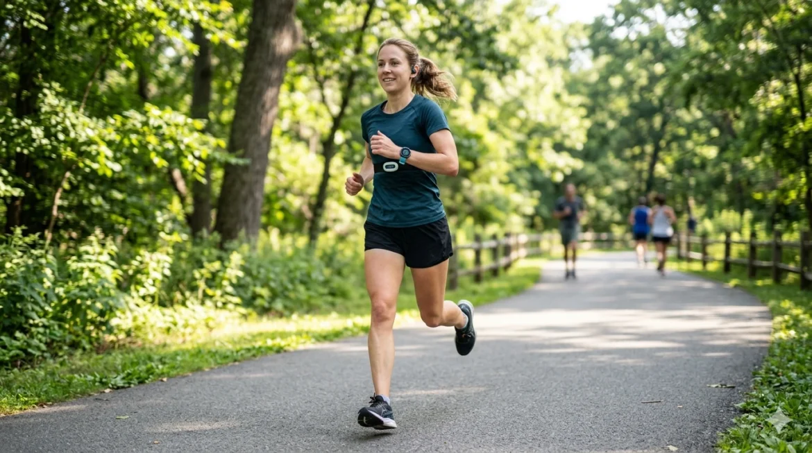 A woman jogging at a steady, conversational pace on a park path, monitoring her heart rate for Zone 2 training.